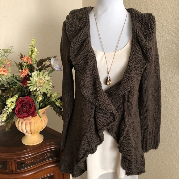 Venue Ruffle Front Ribbon Knit Cardigan Sweater - Picture 3 of 15